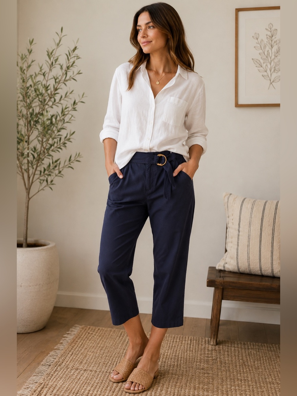 Lauren Ralph Lauren Navy Cropped Pants Size 10 Belted Ankle Pants‎ Cotton Nylon